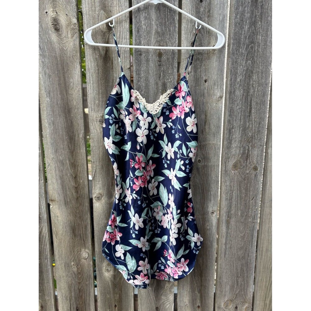 Vintage Navy Floral Satin and Lace Slip Dress